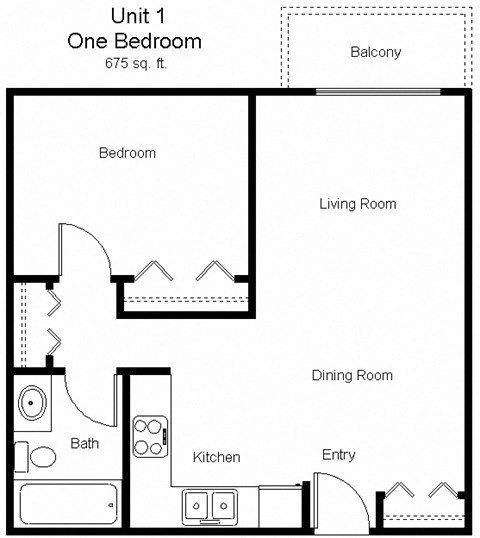 Floor plan for 1 bed, 1 bath, 654 sqft